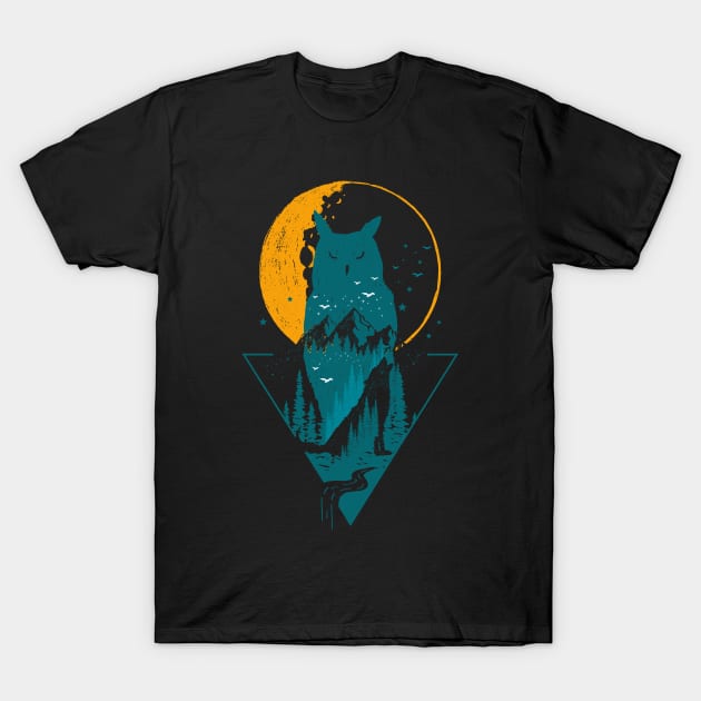 Classy and Minimalist Double Exposure WOLF and OWL Teal and Orange Moon Night Pine Trees Forest Illustration T-Shirt by ZENTURTLE MERCH